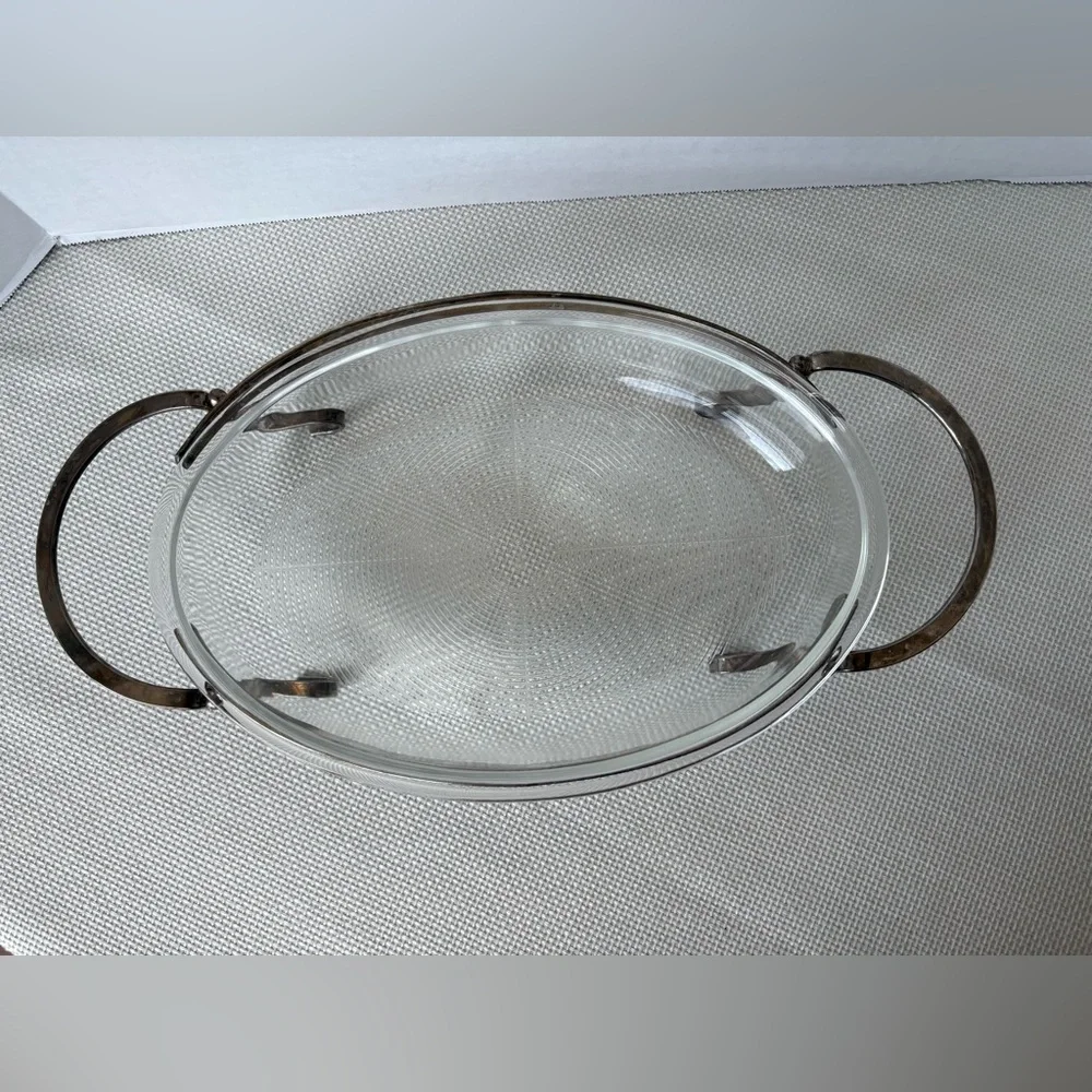 Vintage Oval Glass Casserole serving platter with Silverplate Footed Stand